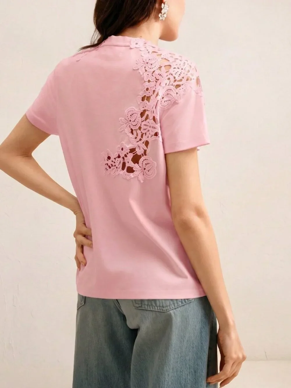 Pink Casual Women's Lace Embroidered Patchwork Hollow-Out Short Sleeve T-Shirt - Picture 2 of 8